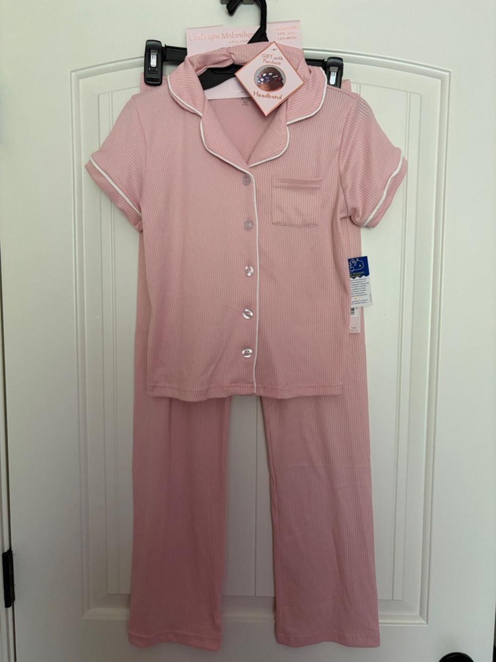 Girls' Pink Short-Sleeve Pajama Set with White Piping
